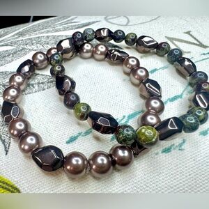 Handmade Set of 2 Green Dragon Bloodstone, Brown Hematite w/Bronze Bracelets